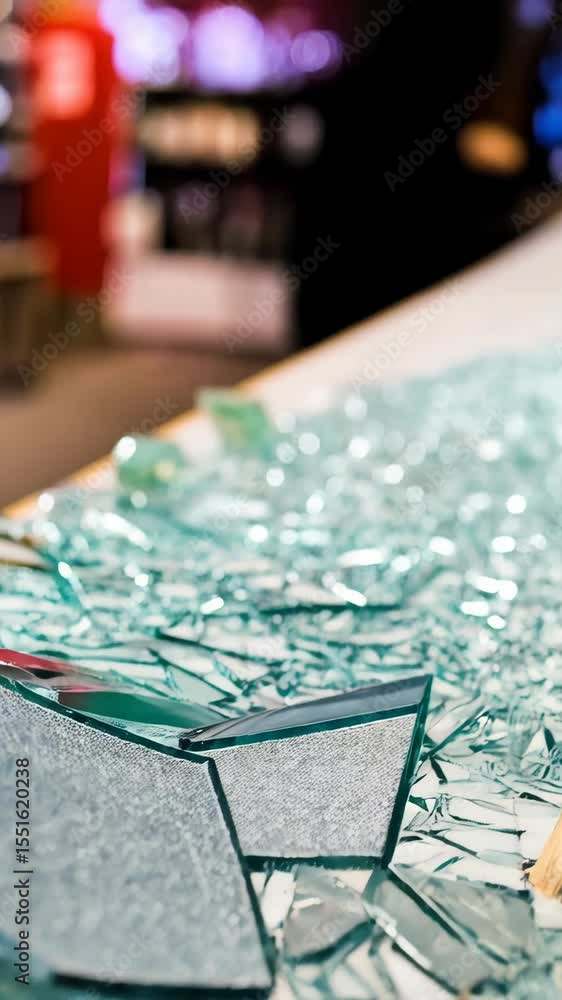 Poster close-up of sharp turquoise glass shards scattered across a light surface in an indoor environment c