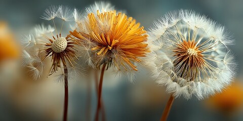 Golden and white dandelions stand elegantly in a garden setting under soft natural light