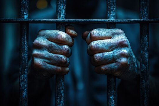 Hands tightly gripping rusty jail bars, symbolizing imprisonment and confinement in a dark, somber setting.