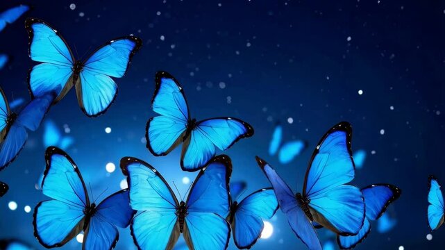 Vibrant blue butterflies gracefully fluttering in a dreamy bokeh filled azure background, spreading magic and elegance.