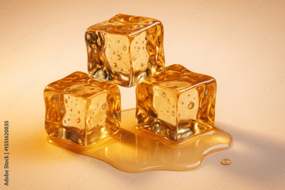 Poster golden ice cubes melting on light background symbolizing drink freshness and luxury concept in moder
