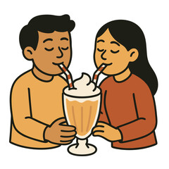 Friends sharing a giant milkshake with two straws, cartoon style, on a white background.