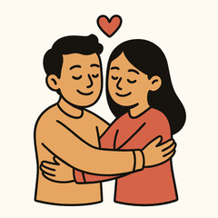  Two friends in a warm hug, a small red heart floating between them, clean lines, on a white background.