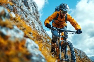 Fototapeta premium Mountain biker navigating rocky terrain under cloudy skies in a vibrant autumn landscape