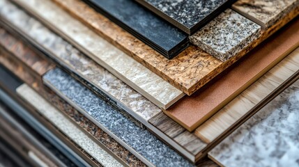 Stack of different interior finishing materials in a close-up shot. Great to present options for floor or wall materials.