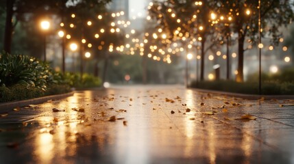 A picturesque urban pathway glistening from rain and adorned with strings of fairy lights creates a romantic ambiance, highlighting the beauty of city life after a rain shower.
