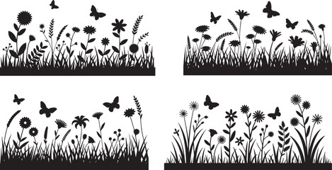 Wildflower and Butterfly Silhouette Set with Grass Garden Meadow Design