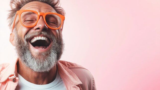 A close-up portrait of an elderly man wearing bright orange glasses, showcasing his joyful expression and the beauty of aging with style and charisma.