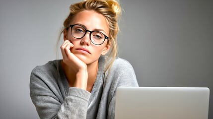 Young Woman in Sweater with Laptop Showing Boredom and Distraction