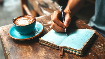 Hand Writing in Notebook with Coffee on Wooden Table Surface
