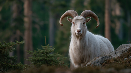 Obraz premium Majestic white goat with curled horns in forest setting