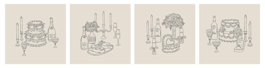 Collection of Wedding, Occasion, Events celebration hand drawn style vector illustration template background food setting wine, cake and flower hand drawn vector illustration