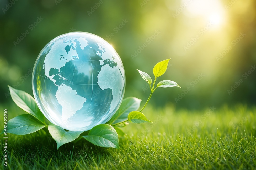 Poster transparent globe resting on green leaves symbolizing nature conservation and sustainability on sunn