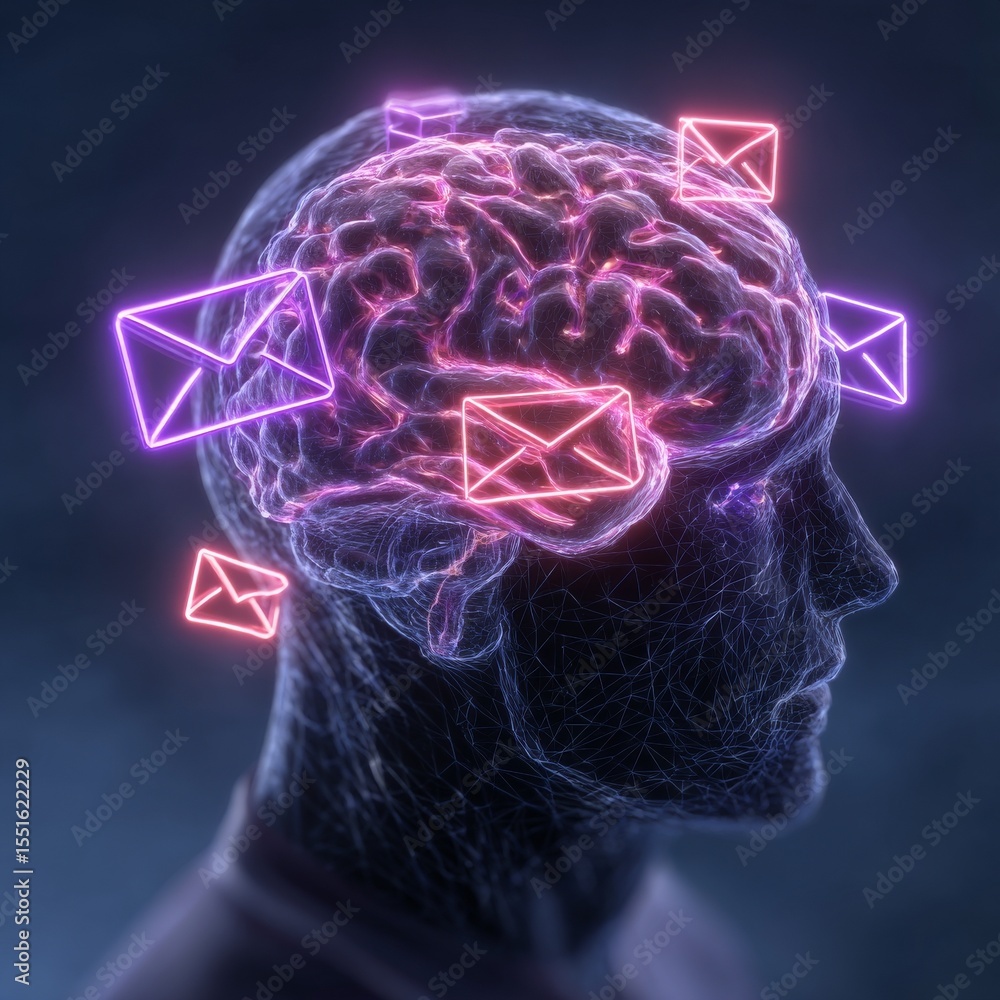 Poster glowing neural connections and a digital mind that processes data define a futuristic ai brain, whic