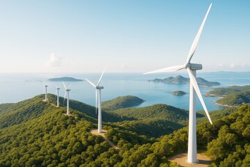 Wind turbines on lush green hills by ocean under clear blue sky with sustainable energy concept in natural environment background.