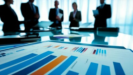 Business presentation with diverse team analyzing data charts in modern office setting - Powered by Adobe