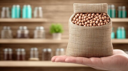 Chickpeas are being held in a burlap bag by a person shopping in a zero-waste store with bulk dispensers
