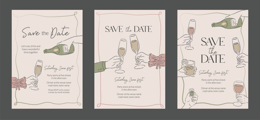 Wedding, Occasion, Event celebration invitation template background of Champagne and Wine hand drawn vector illustration