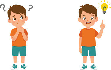 Cartoon boy with confused and thinking expression, question marks and idea light bulb, emotional character illustration, child learning concept, educational vector design