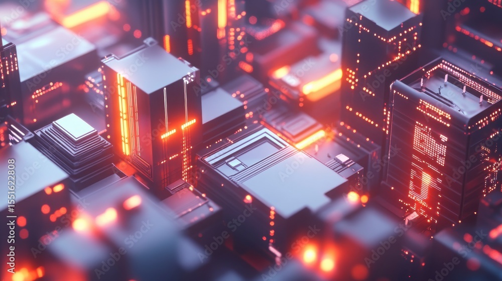 Poster abstract 3d rendering of glowing orange and red circuit board cubes