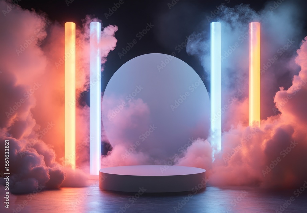 Poster abstract 3d render of a product display platform with neon lights and smoke
