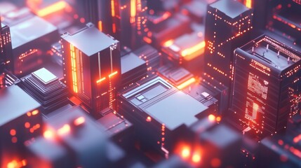 Abstract 3D Rendering Of Glowing Orange And Red Circuit Board Cubes
