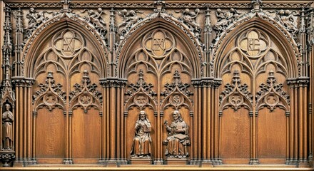 Obraz premium Historic Gothic Wood Art Showcasing Cathedral Arches and Religious Motifs