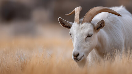 Fototapeta premium A tranquil white goat grazing in a beige grass field