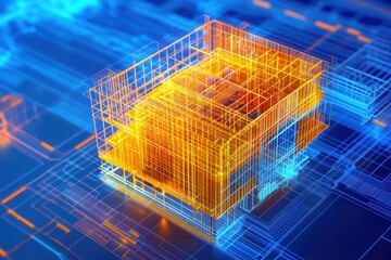 A digital 3D wireframe model of a modern building rendered with vibrant neon orange and blue colors symbolizing architectural design and technology integration.