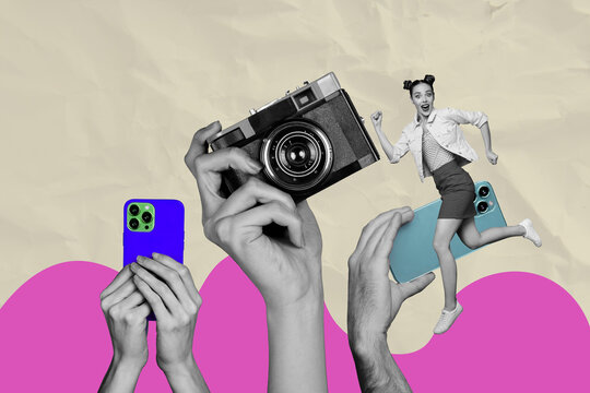Banner 3d image pop full collage of happy girl guy sit hands hold retro camera shooting modern smartphone paparazzi capture