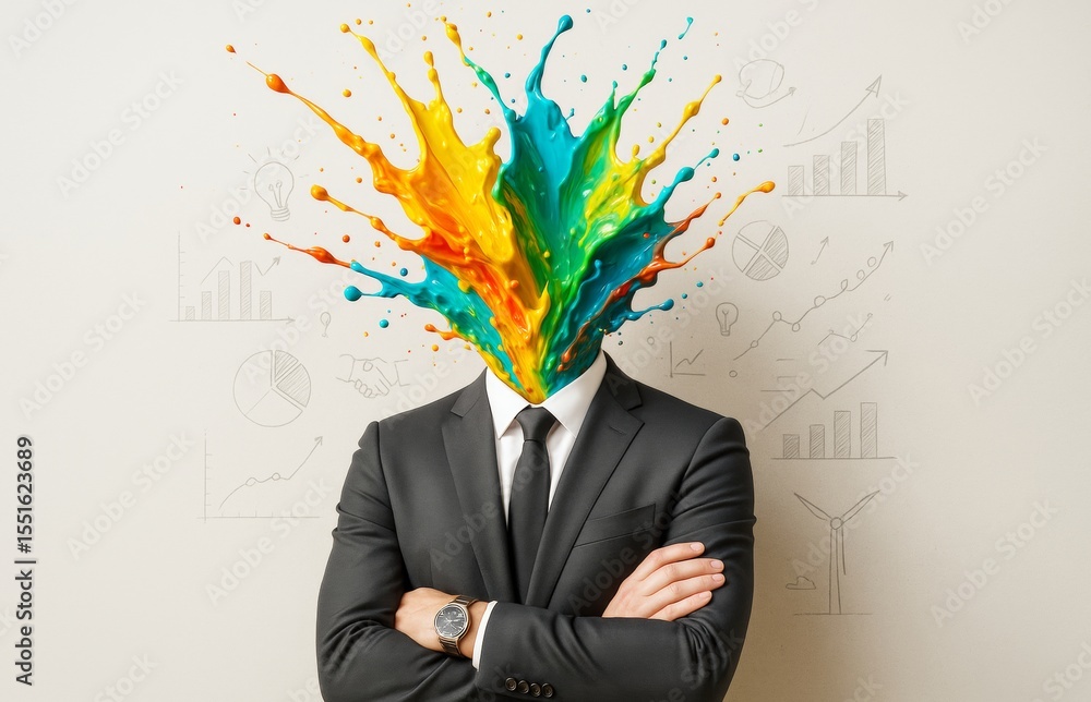 Aufkleber businessman with colorful paint explosion instead of head symbolizing creativity and innovation on l