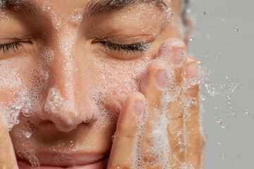 Hands splashing foamy facial cleanser on face with water droplets in mid-motion