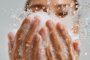 Fototapeta premium Hands splashing foamy facial cleanser on face with water droplets in mid-motion