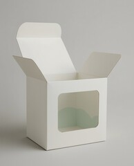Empty unfolded cardboard container with U-shaped access and blank surface for branding