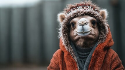 A whimsical camel dons a cozy hooded outfit, blending the characteristics of animals and humans in an imaginative portrayal, evoking a sense of charm and humor.
