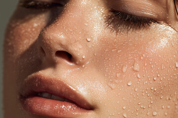 Close-up of clean female face with water droplets conveying hydration and freshness