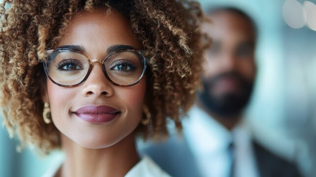 A poised and confident businesswoman with stylish glasses and distinctive curls, smiling radiantly, exuding professionalism and readiness in a modern office environment.