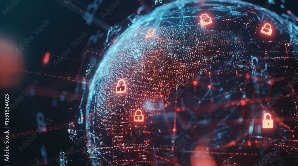 Poster abstract global network security with interconnected components and security lock icons