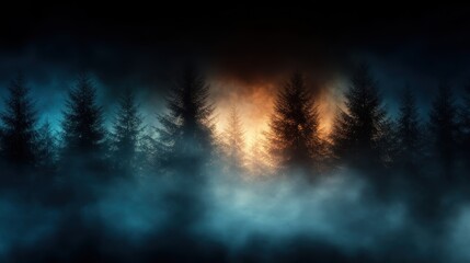 Fototapeta premium A captivating twilight scene of a forest enveloped in mystic fog, illuminated by warm hues of orange and cool shades of blue, creating an atmosphere of tranquility and wonder.