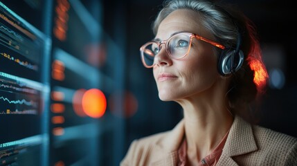 A focused woman wearing glasses and a headset analyzes data on screens, embodying dedication and professionalism in a modern, high-tech work environment.