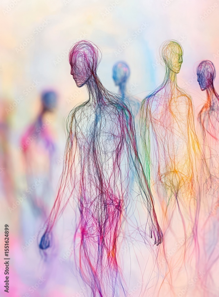 Poster abstract multicolored human forms walking in a soft pastel background