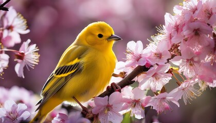 vibrant yellow bird perched amongst spring blossoms