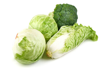 Broccoli Cabbage Napa Lettuce, isolated on white background