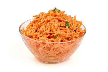 Shredded Carrot Salad in Bowl, isolated on white background