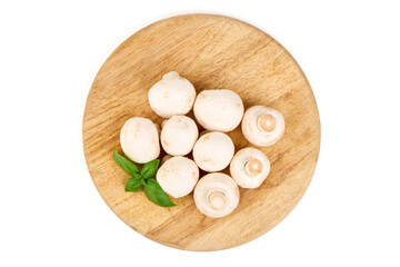 Mushrooms Basil on Wood, isolated on white background
