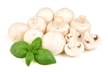 Agaricus Mushrooms, Basil Leaves, isolated on white background