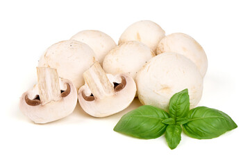 Champignon Mushrooms with Basil, isolated on white background