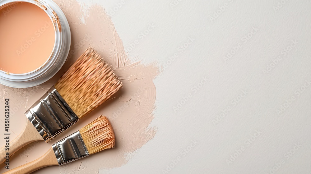 Poster two paintbrushes lie atop a smooth canvas partially covered in soft peach paint, embodying creativit