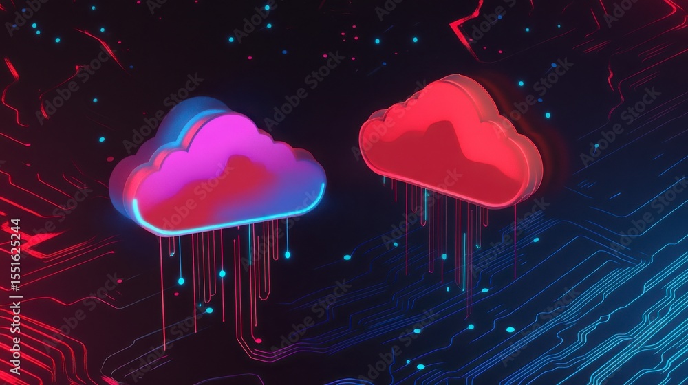 Poster abstract pixel art cloud computing network red and purple neon clouds over circuit board background