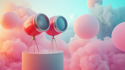 Pastel Pink Cloudscape with Red Telescopes on Tripod